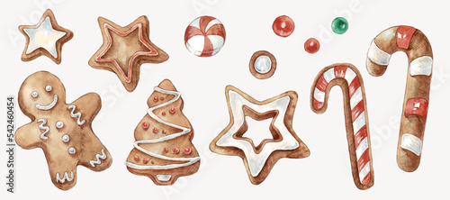 Set of christmas decorations. Collection of different gingerbread cookies. Watercolor illustration of hand painted christmas cookies: man, tree,stars, candy. 