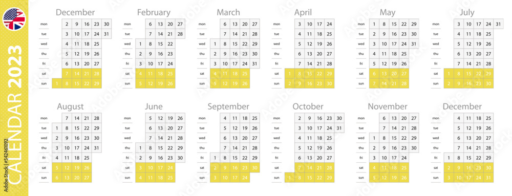 Calendar template for 2023 year, vertical grid design. Calendar template for 2023 year, vertical grid design.