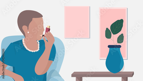 Dame benutzt Asthma-Spray in Flat design Vektorstil