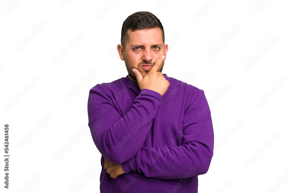 Young caucasian man isolated contemplating, planning a strategy, thinking about the way of a business. Young caucasian man isolated contemplating, planning a strategy, thinking about the way of a business.