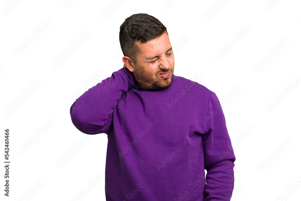 Young caucasian man isolated having a neck pain due to stress, massaging and touching it with hand. Young caucasian man isolated having a neck pain due to stress, massaging and touching it with hand.