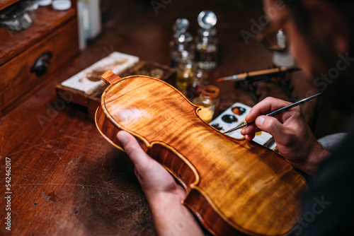 Focused luthier varnishing violin in workshop photo