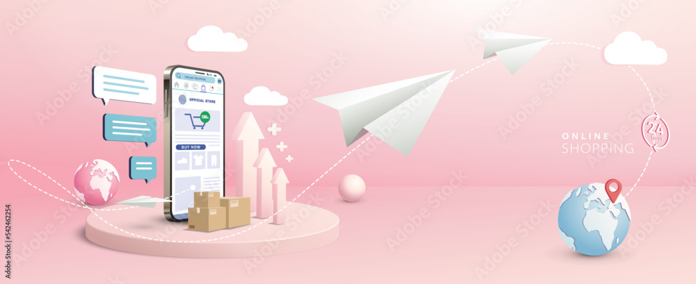 Online shopping store on mobile application. Smart business marketing concept. Vector Illustration Online shopping store on mobile application. Smart business marketing concept. Vector Illustration