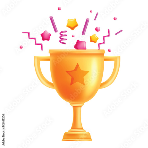 3D golden trophy cup, vector winner award icon, game UI prize, confetti stars congratulation clipart. Champion victory goblet, first place reward, ranking celebration achievement. Competition 3D cup