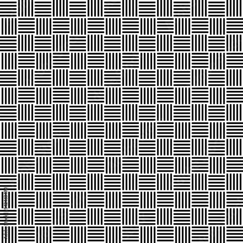 Woven pattern, seamless tile and repeated background motif, with a weave motif, made of horizontal and vertical alternating arranged stripes. Black and white illustration, isolated over white. Vector