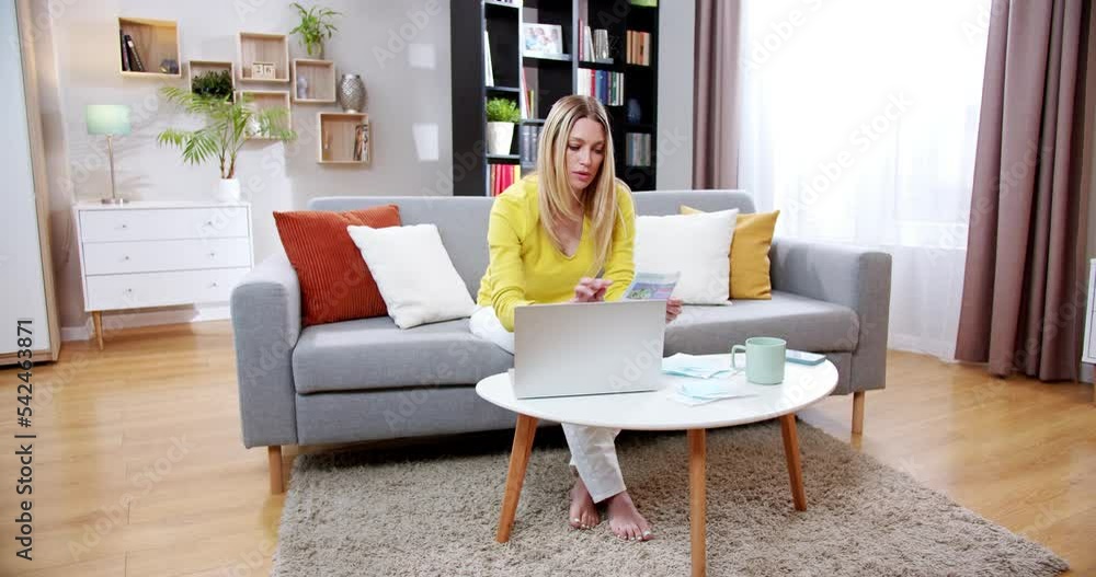 Focused woman paying taxes and bills and calculating at home. Young concentrated female making payments in colourful living room online. Using laptop managing finances and expenses. Finance concept. Focused woman paying taxes and bills and calculating at home. Young concentrated female making payments in colourful living room online. Using laptop managing finances and expenses. Finance concept.