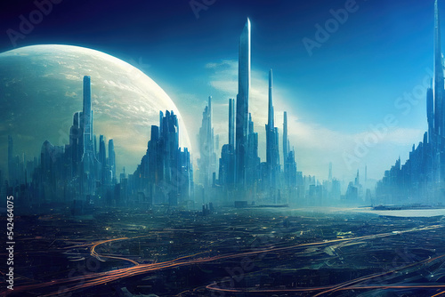Tablou pe pânză Sci fi city. Landscape Future with skyscrapers. concept art