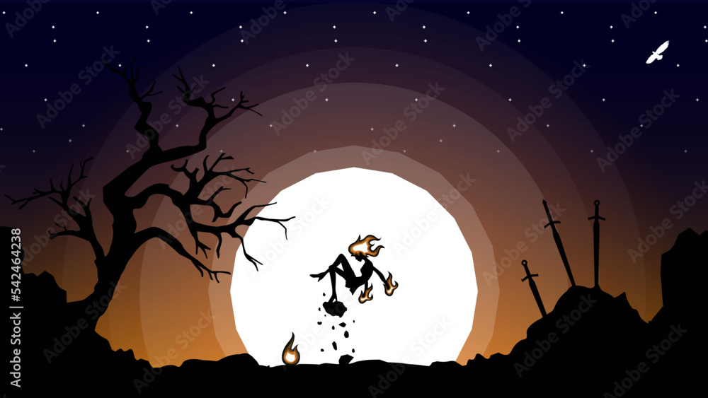 fire witch. floating witch walpaper. silhouette of a witch in the night background. float witch. witch anime wallpaper. fantasy background. wizard. fire magician. child and moon.