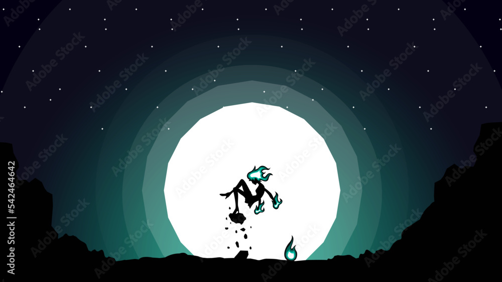 floating witch walpaper. silhouette of a witch in the night background. float witch. witch anime wallpaper. fantasy background. wizard. fire magician. child and moon. blue fire witch.