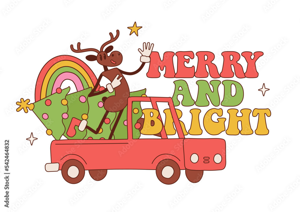 Groovy retro Christmas pickup truck carries a green Christmas tree with Deer character with horns . New Year card design. Merry and bright quote. Vector hand drawn illustration. Groovy retro Christmas pickup truck carries a green Christmas tree with Deer character with horns . New Year card design. Merry and bright quote. Vector hand drawn illustration.