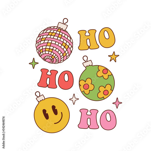 Hippie vintage style Christmas card. 70s groovy New Year typographic poster with HoHoHo and Xmas tree balls. Hand drawn vector illustration.