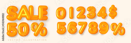 Discount sale volumetric header, 3d letters and numbers. Inflated, isolated, orange balloons. Banner with any discount. Vector illustration
