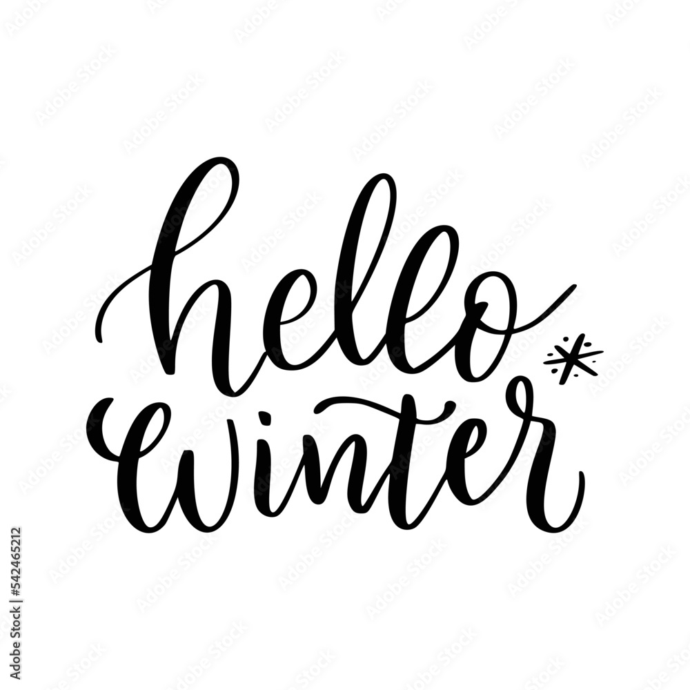 Naklejka premium Hello winter - Christmas typography, handwriting lettering. Holidays greeting card. Xmas text calligraphy style. Christmas festive design element. Isolated white background. Happy New Year season.
