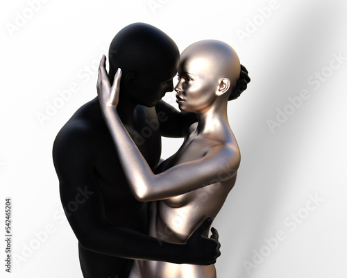 3d illustration. Bald couple hugging. Black man and silver woman on a white background.