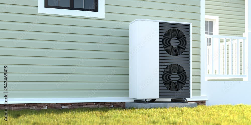 Photorealistic 3d render of a large fictitious air source heat pump mounted  to a concrete base with vibration dampers on the outside of a house.  Illustration Stock | Adobe Stock