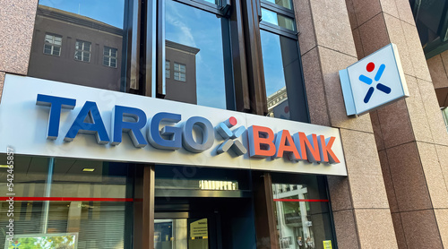 Düsseldorf, Germany - October 9. 2022: View on modern building entrance with logo lettering of Targobank