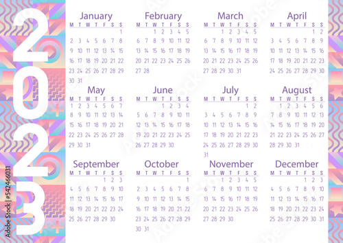 Vector. Calendar 2023. Geometric pattern. Neon, holography, gradient, shapes. Circles, squares, triangles.
