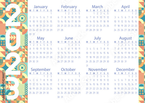 Vector. Calendar 2023. Geometric pattern. Retro colors, vintage, shapes. Circles, squares, triangles.