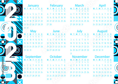 Vector. Calendar 2023. Geometric pattern. Neon, holography, gradient, shapes. Circles, squares, triangles.