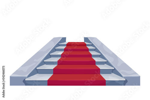 Stone elegant stairs castle fairy interior with red carpet, medieval object in cartoon style isolated on white background. Ui game asset, indoor construction, stage