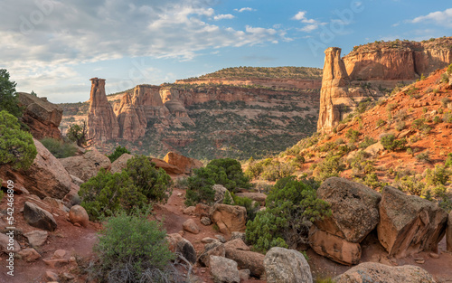 Early morning hike at the Colorado National Monument in Grand Junction, Colorado- Monument Valley Trail and Wedding Canyon Trail.  Independence Monument