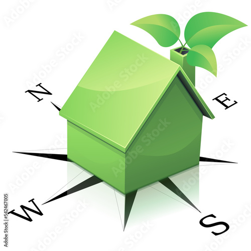 3D green house with leaves coming out of the chimney on a wind rose indicating the 4 cardinal points, north, south east and west (isolated)