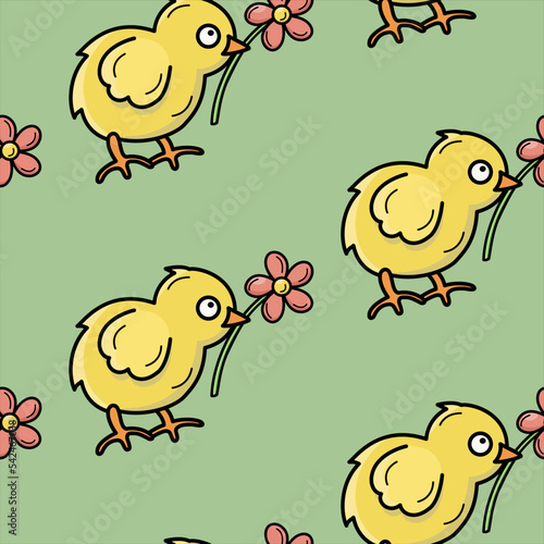 Vector seamless color pattern with chickens and flowers in its beak.