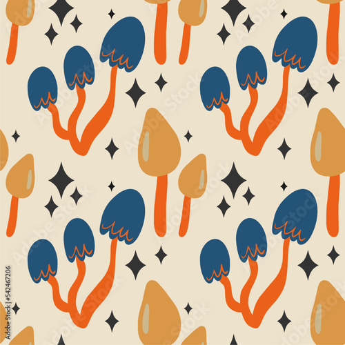 Seamless vector pattern with cute cartoon colorful forest mushrooms on a light background. Creative design for printing on fabric, wallpaper and scrapbooking.
