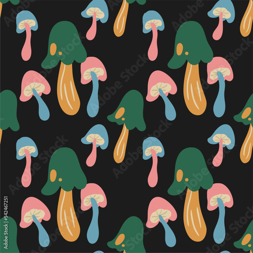 Seamless vector pattern with cute cartoon colorful forest mushrooms on a black background. Creative design for printing on fabric, wallpaper and scrapbooking.