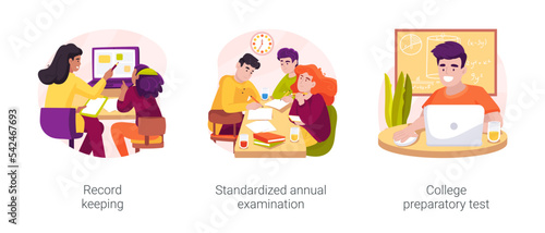 Middle and high school student testing isolated cartoon vector illustration set