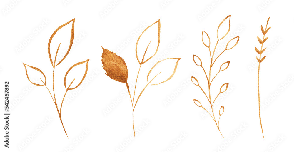 Set of luxury golden leaves and branches isolated on white.