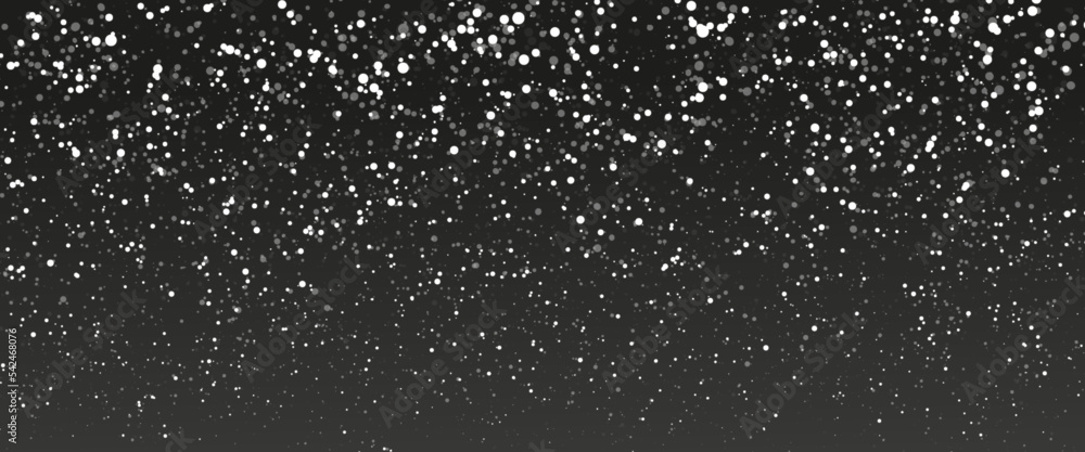 Falling snow isolated on black background. Falling snow at night. Bokeh lights on black background, flying snowflakes in the air. Winter weather. Overlay texture.