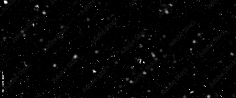 Falling snow isolated on black background. Falling snow at night. Bokeh lights on black background, flying snowflakes in the air. Winter weather. Overlay texture.