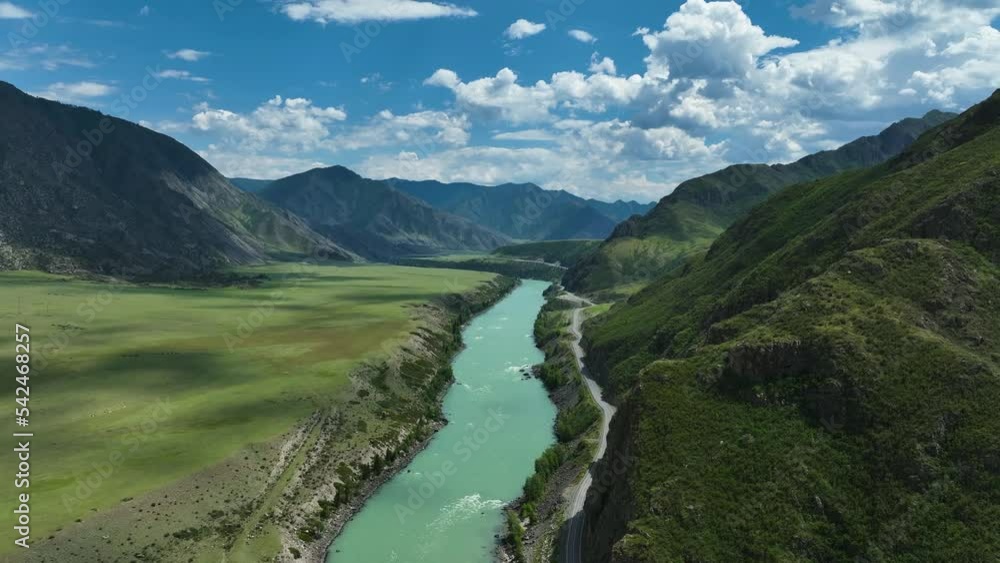 Landscape of mountains and river in summer. Aerial view
Landscape of mountains and river in summer. Aerial view