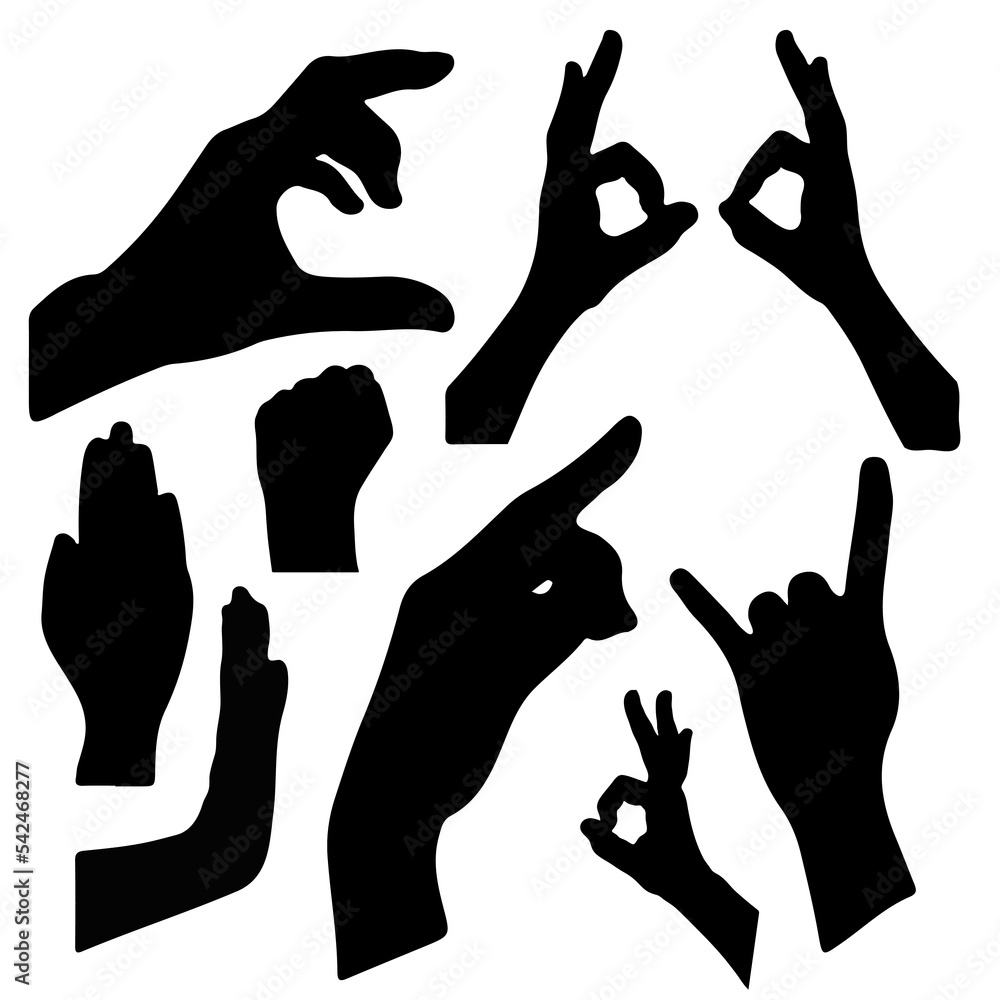 Set of popular hand silhouette gestures. Gestures okay, ok, million, Heavy Metal, Devil Fingers, Rock On, rock, rock and roll, fist, stop, no, palm. Set of popular hand silhouette gestures. Gestures okay, ok, million, Heavy Metal, Devil Fingers, Rock On, rock, rock and roll, fist, stop, no, palm.