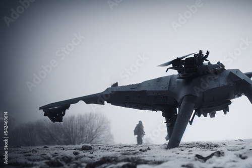 Futuristic war machine with soldier on snowy landscape. 3d art. 