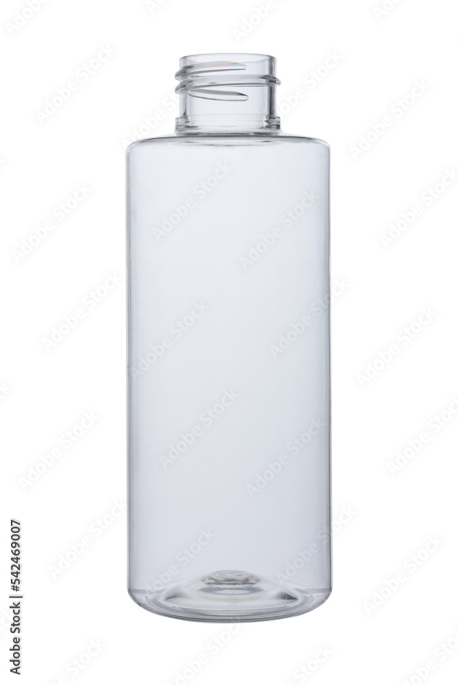 Empty open bottle made of transparent plastic for liquids and hygiene. Isolated on a white background. Empty open bottle made of transparent plastic for liquids and hygiene. Isolated on a white background.