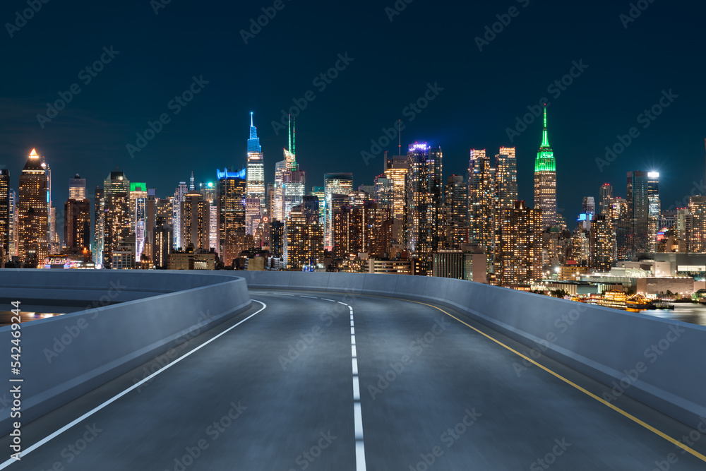 Fototapeta premium Empty urban asphalt road exterior with city buildings background. New modern highway concrete construction. Concept of way to success. Transportation logistic industry fast delivery. New York. USA.