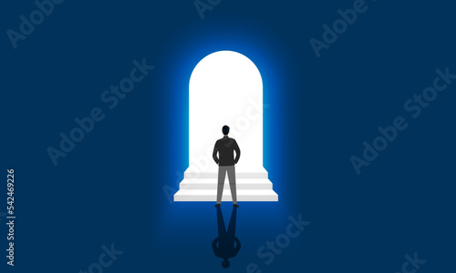 Businessman standing in front of the white door to success with stairs leading up Shows the success of the business that lies ahead just by doing it.