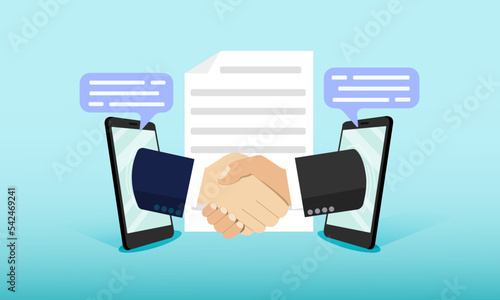 Business people shaking hands with business people on the phone Concept of agreeing to do business contract via mobile phone is a long-distance communication technology to expand business