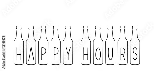 Cartoon happy hours with botlle for pubs, nightclubs, bars, restaurants and cafe. For Drinking glass and bottle wine or beer concept. Fest time or party time. 
Smile face and clock