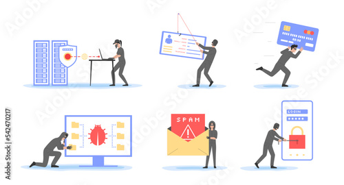 Concept Of Transaction Security, Phishing, Cyber Crime And Hacker Attack. Hacker Attack and Web Security Data, Login, Steal Passwords, Credit Card Data. Cartoon Outline Flat Vector Illustrations Set
