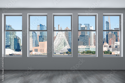 Midtown New York City Manhattan Skyline Buildings from High Rise Window. Beautiful Expensive Real Estate. Empty room Interior Skyscrapers View Cityscape. Day time. west side. 3d rendering.