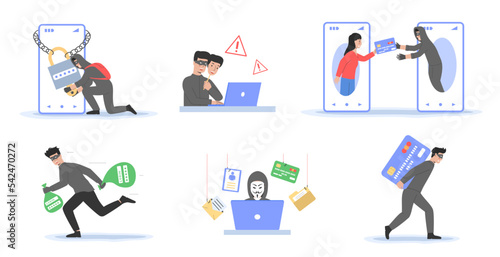 Hacker Attack, Transaction Security, Phishing And Cyber Crime. Professional Hacker Attack and Web Security Data, Login, Steal Password, Credit Card Data. Cartoon Outline Flat Vector Illustrations Set