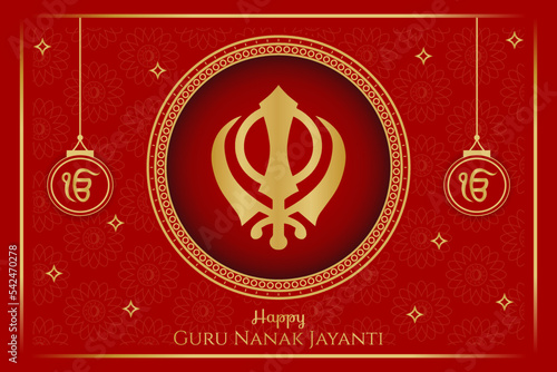 Happy Guru Nanak Jayanti Gurpurab Poster Vector Illustration. Golden and red Khanda ornamental graphic design. Social media post, website, celebration, greeting card. Traditional sikh festival banner