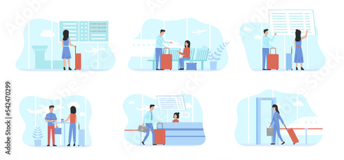 Modern International Airport Terminal Concept. Passengers With Luggage Having Security Check, Waiting Their Departure in Departures Waiting Room. Cartoon Flat Outline Linear Vector Illustrations Set