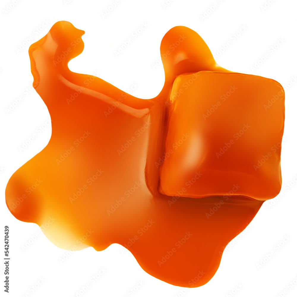 Caramel candies and flowing  caramel sauce isolated on a white background. Pieces of toffee candies close up.