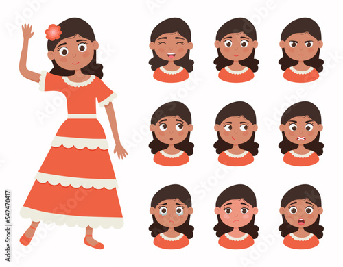 Cartoon latin girl, set character emotion, vector illustration on white background