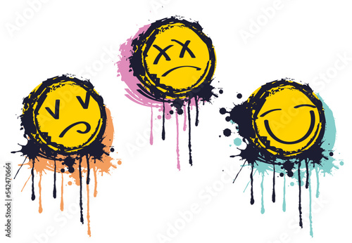 Grunge emoji graffiti style. With smudges and blobs street style. Modern bright color vector illustration all emoticons isolated on white background.