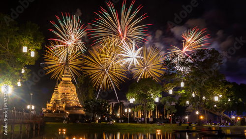 Fireworks Sukhothai Loy Krathong Festival at Sukhothai historical park , Sukhothai, Thailand.